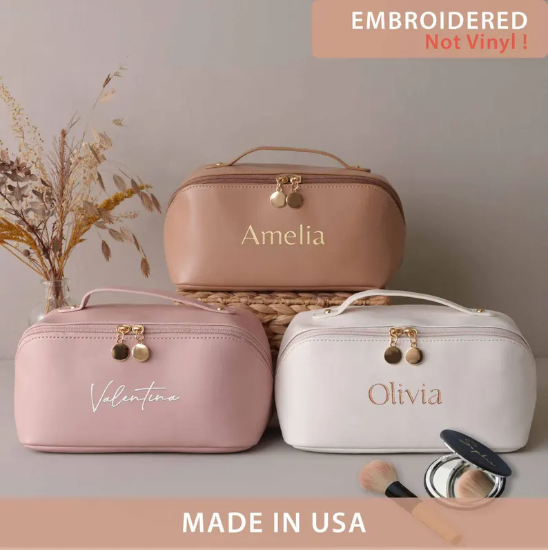 Leather Embroidered Makeup Bag, Gift for Girlfriend, Large Capacity Cosmetic Bag, Bridesmaid Gifts, Makeup Organizer, Bridal Shower Gift